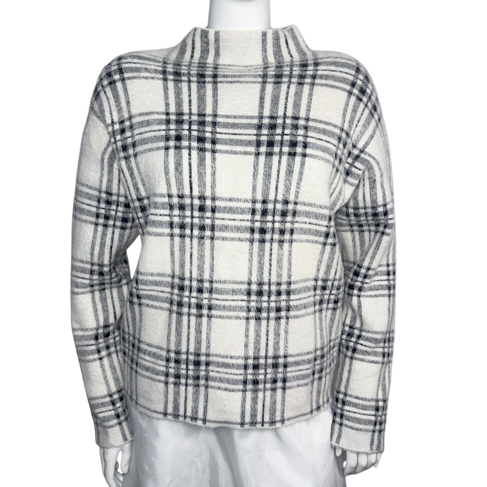 Tahari Women Plaid Mock Neck‎ Fuzzy Knit Sweater Long Sleeve Size L
